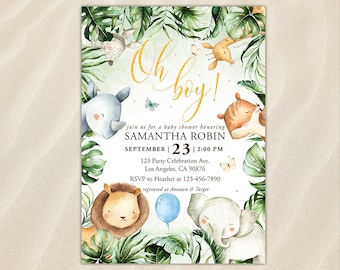 Invitation baby shower jungle verdure animal de zoo sauvage un safari africain inviter toile impression modifiable téléchargement immédiat imprimable Oh Boy