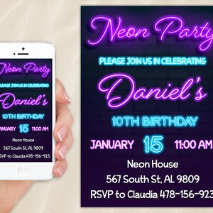 Neon Birthday Party Invitation Light Glow In The Dark Invite Editable Evite Mobile Phone Email Electronic SMS E Text Template Instant