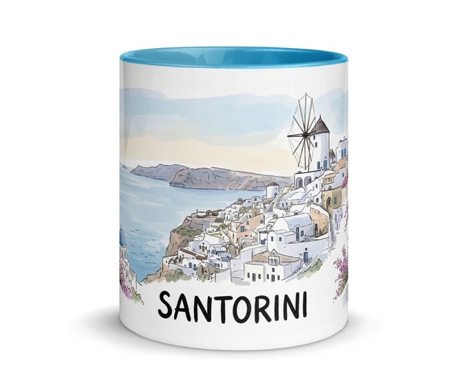 Featured listing image: Santorini Watercolor Mug | Blue Dome Greek Island Coffee Cup, Travel Souvenir