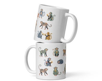 Monkey Pattern Ceramic Mug | Scandinavian Jungle Illustration, Nordic Animal Design