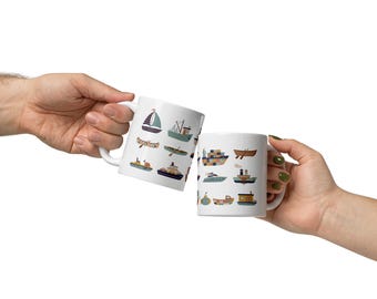 Kids Boat Mug | Scandinavian Nautical Ships Illustration Drinkware