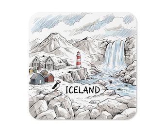 Island Landschaft Untersetzer | Berge, Wasserfall, Leuchtturm-Kunst-Souvenir