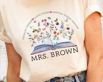 Custom Teacher T-Shirt, Floral Book Design, Personalized Name