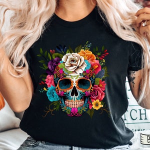 Bloom Skull Shirt, Halloween 2025 Shirt, Floral Skull Boho Graphic Tee, Womens Fall Shirt, Flower Skull Skeleton TShirt, Skeleton Blooms tee