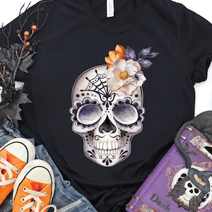 Skull Shirt Women&#39;s Sugar Skull Shirt Dia de los Muertos Shirt Day of the Dead Skull Shirt Mexican Holiday Spanish Shirt Halloween T-shirt