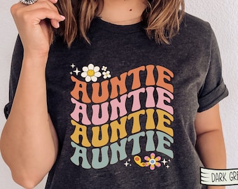 Groovy Auntie T-Shirt, Retro Floral Design, Gift for New Aunt