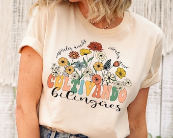Cultivando Bilingues Spanish Teacher Shirt, Floral Bilingual Crew