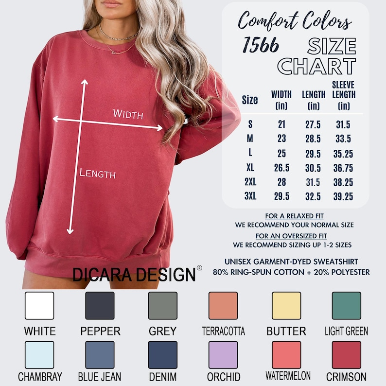 May include: Size chart for a unisex sweatshirt in various colors. The chart shows the width, length, and sleeve length in inches for sizes S through 3XL. The sweatshirt is made of 80% ring-spun cotton and 20% polyester.