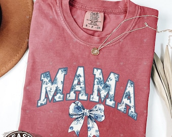 Comfort Colors Mama Shirt, Blue Toile Floral Bow, Mother's Day Gift