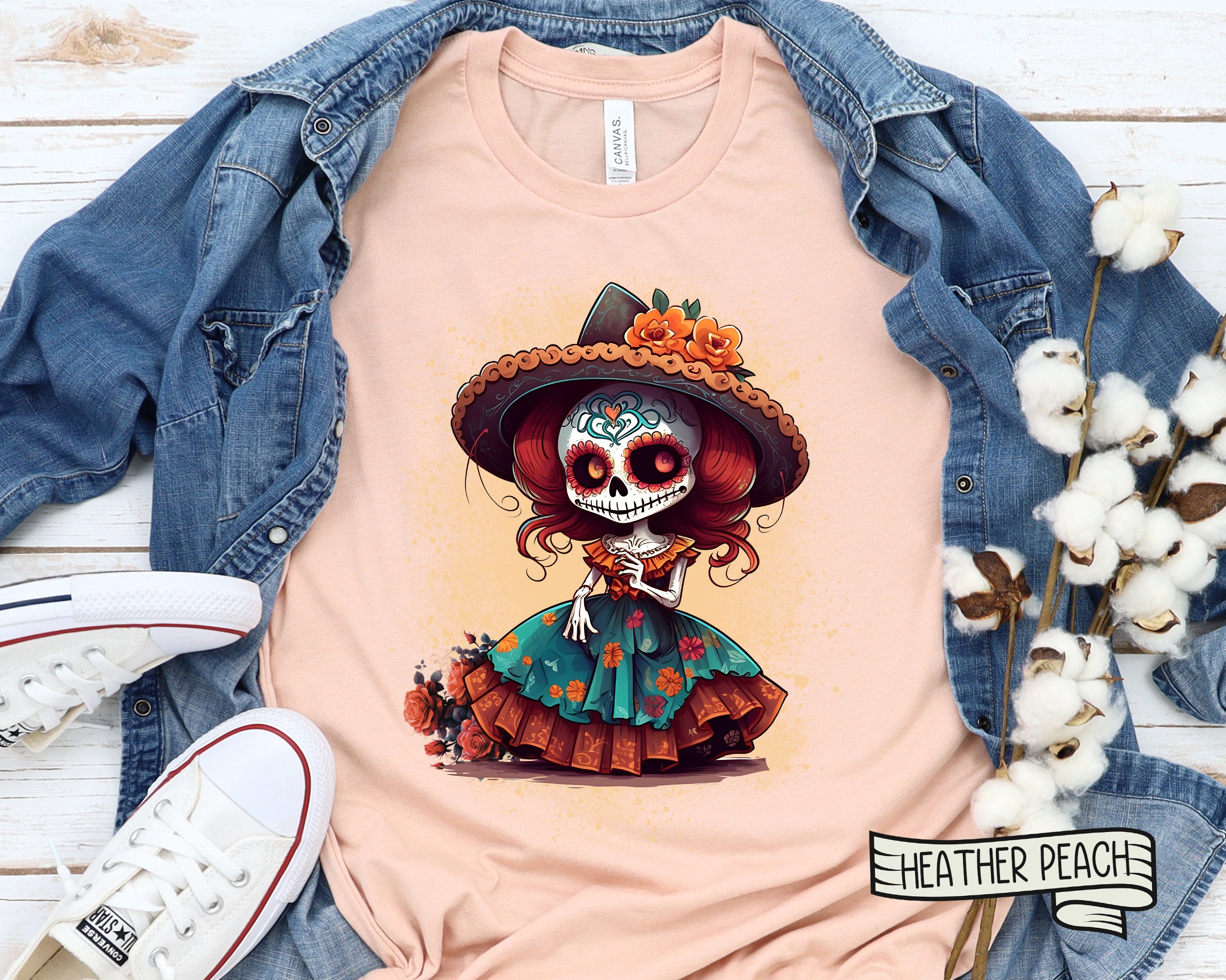 Tee Hunt Frida Calavera Sugar Skull Women's V-Neck T-Shirt - Day Of The Dead Art Tee - View #9