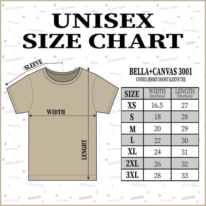 May include: Unisex size chart for Bella + Canvas 3001 short sleeve t-shirts. The chart shows the width and length in inches for sizes XS to 3XL.