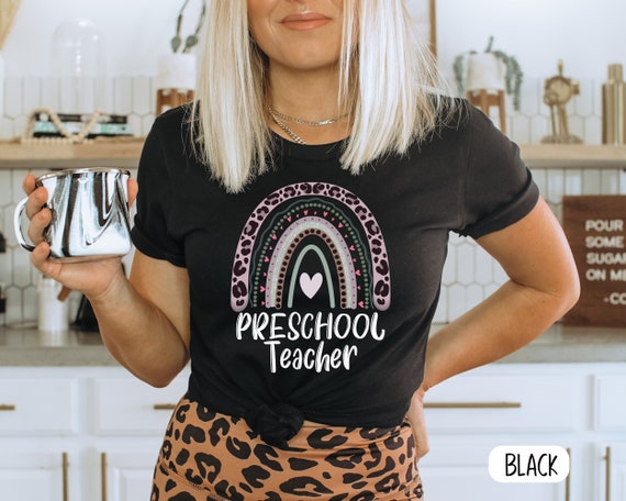 Teacher Graphic Tee – 'Teach' Rainbow Leopard Print T-Shirt, Women's Sizes (Bleach Blue, Medium) - View #6