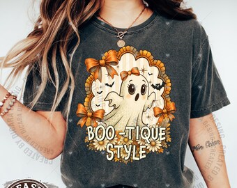 Comfort Colors® Halloween Cute Ghost Shirt, Girly Spooky Season Retro Shirt,Boo-tique Style Shirt, Cute Fall Women's Halloween Cute ghost