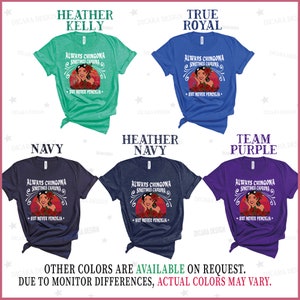 May include: Five t-shirts in different colors, each featuring a graphic of a woman with a red flower in her hair and the text "Always Chingona Sometimes Cafrona But Never Pendeja". The t-shirts are available in Heather Kelly, True Royal, Navy, Heather Navy, and Team Purple.