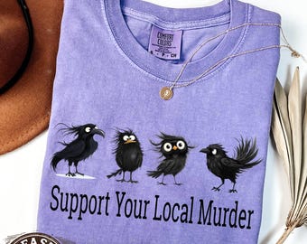 Camiseta "Apoya a tu Asesinato Local", camiseta "Cuervo" Comfort Colors®, regalo para amantes de los cuervos, camiseta "Cuervo Brujo", camiseta "Academia Oscura", camiseta divertida de Halloween