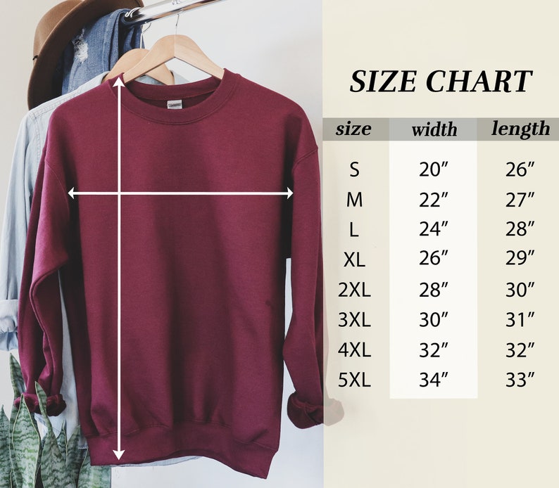Op de afbeelding: Maattabel voor een bordeauxrood sweatshirt met afmetingen in inches voor breedte en lengte. De maten vari&euml;ren van S tot 5XL.