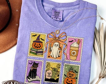 Halloween Cute Ghost Pumpkin Cat Comfort Colors® Shirt, Cute Ghost Shirt, Retro Ghost Tee, Women's Halloween Shirt, Fall Spooky Cat shirt