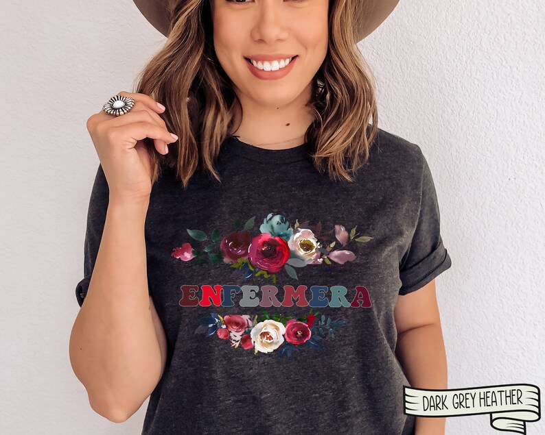 Enfermera Floral T-Shirt, Spanish Nurse Gift Dark Grey Heather