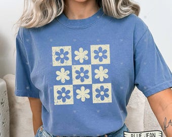 Comfort Colors® Checkered Flowers Shirt, Retro Flowers T-Shirt, Boho Floral TShirt, Trendy Floral Oversized Tee, Gift For Mom, Spring TShirt