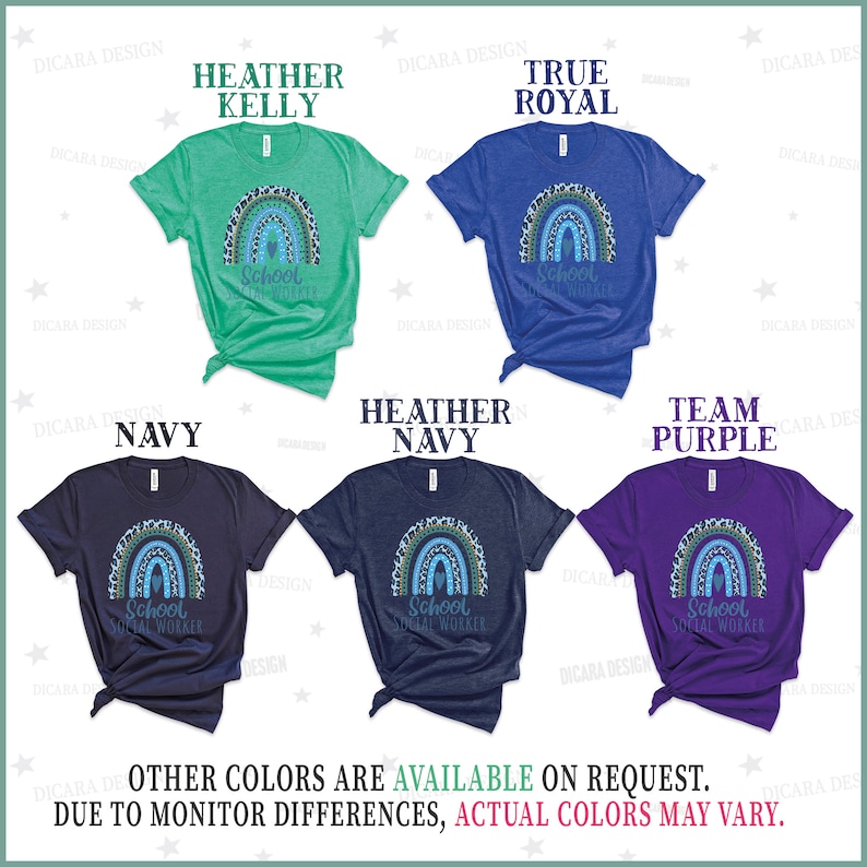 Puede incluir: Cinco camisetas de diferentes colores con un arco&iacute;ris y el texto "School Social Worker" impreso en ellas. Los colores son Heather Kelly, True Royal, Navy, Heather Navy y Team Purple.