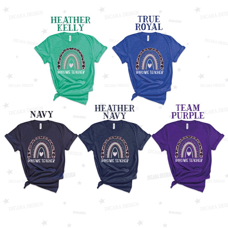 May include: Five t-shirts in different colours, each featuring a rainbow with the text 'Daycare Teacher' printed on the front. The rainbow is decorated with leopard print and a pink heart.