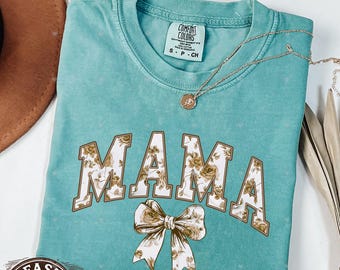 Comfort Colors Mama Shirt, Floral Bow Graphic Tee