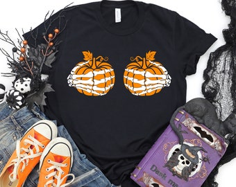Funny Pumpkin Boobies Halloween Shirt, Skeleton Hands
