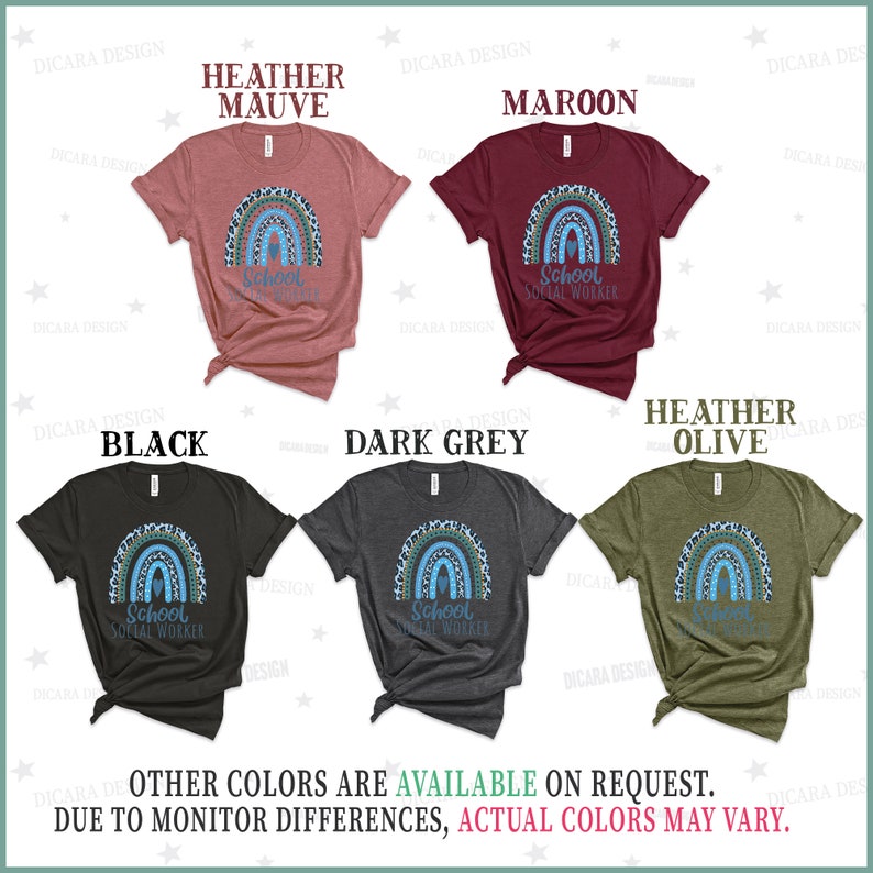 Puede incluir: Cinco camisetas de diferentes colores con un dise&ntilde;o de arco&iacute;ris y el texto "School Social Worker". Los colores son malva jaspeado, granate, negro, gris oscuro y oliva jaspeado.