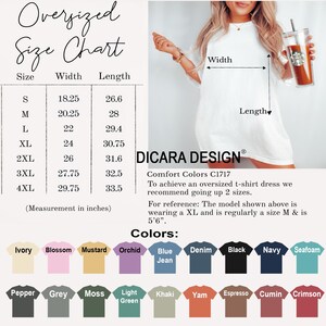 May include: Size chart for an oversized t-shirt dress with measurements in inches. The chart shows the width and length of the dress in sizes S through 4XL. The chart also includes a color chart with 18 different colors.