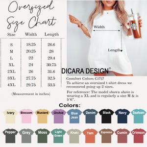 Op de afbeelding: Maattabel voor een oversized t-shirtjurk met afmetingen in inches. De tabel toont de breedte en lengte van de jurk in de maten S tot en met 4XL. De tabel bevat ook een kleurenkaart met 18 verschillende kleuren t-shirts.
