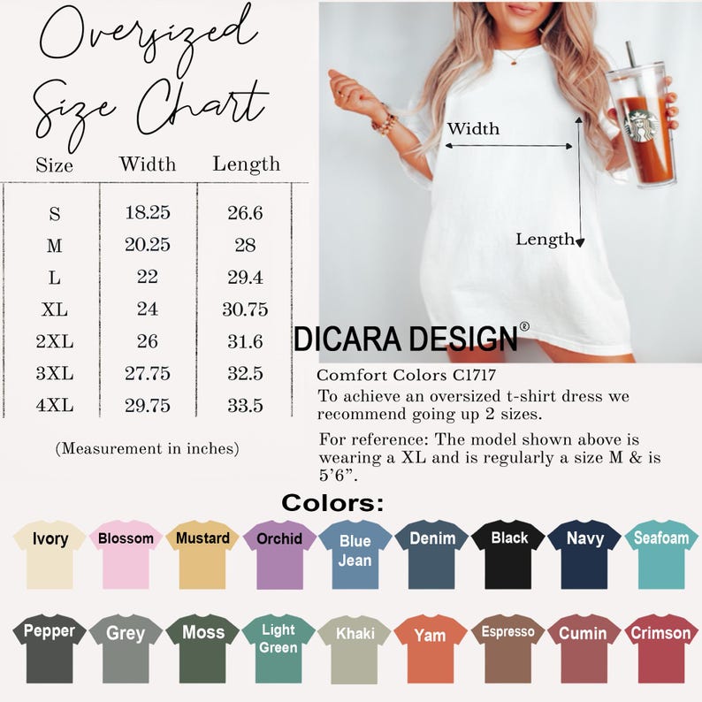 Op de afbeelding: Maattabel voor een oversized t-shirtjurk met afmetingen in inches. De tabel toont de breedte en lengte van de jurk in de maten S tot en met 4XL. De tabel bevat ook een kleurenkaart met 18 verschillende kleuren t-shirts.