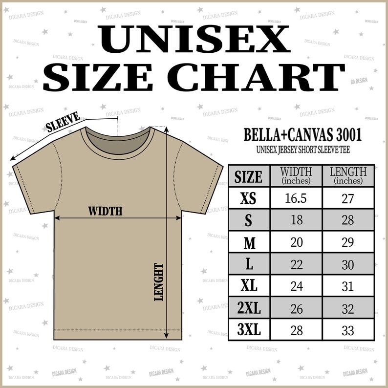 May include: Unisex size chart for Bella + Canvas 3001 short sleeve t-shirt. The chart shows the width and length in inches for sizes XS to 3XL.