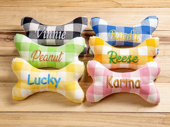 Dog Toy with Squeaker-Small Pet Plushies Custom Plaid Puppy Toy with Squeaker Personalize Dog Squeaky Toy Dog Bone Toy With Embroidered Name
