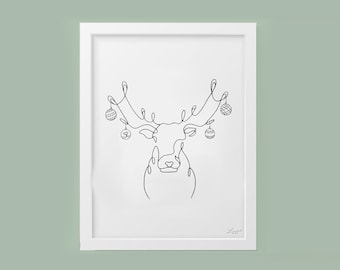 Christmas Deer – Drawing, Line Art, Black and white, Printable Wall Art, Home Decor