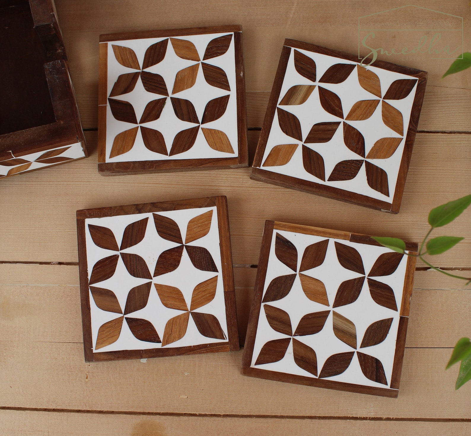 Floral Coaster Set With Holder. Wood Inlay Resin Coasters. Etsy UK