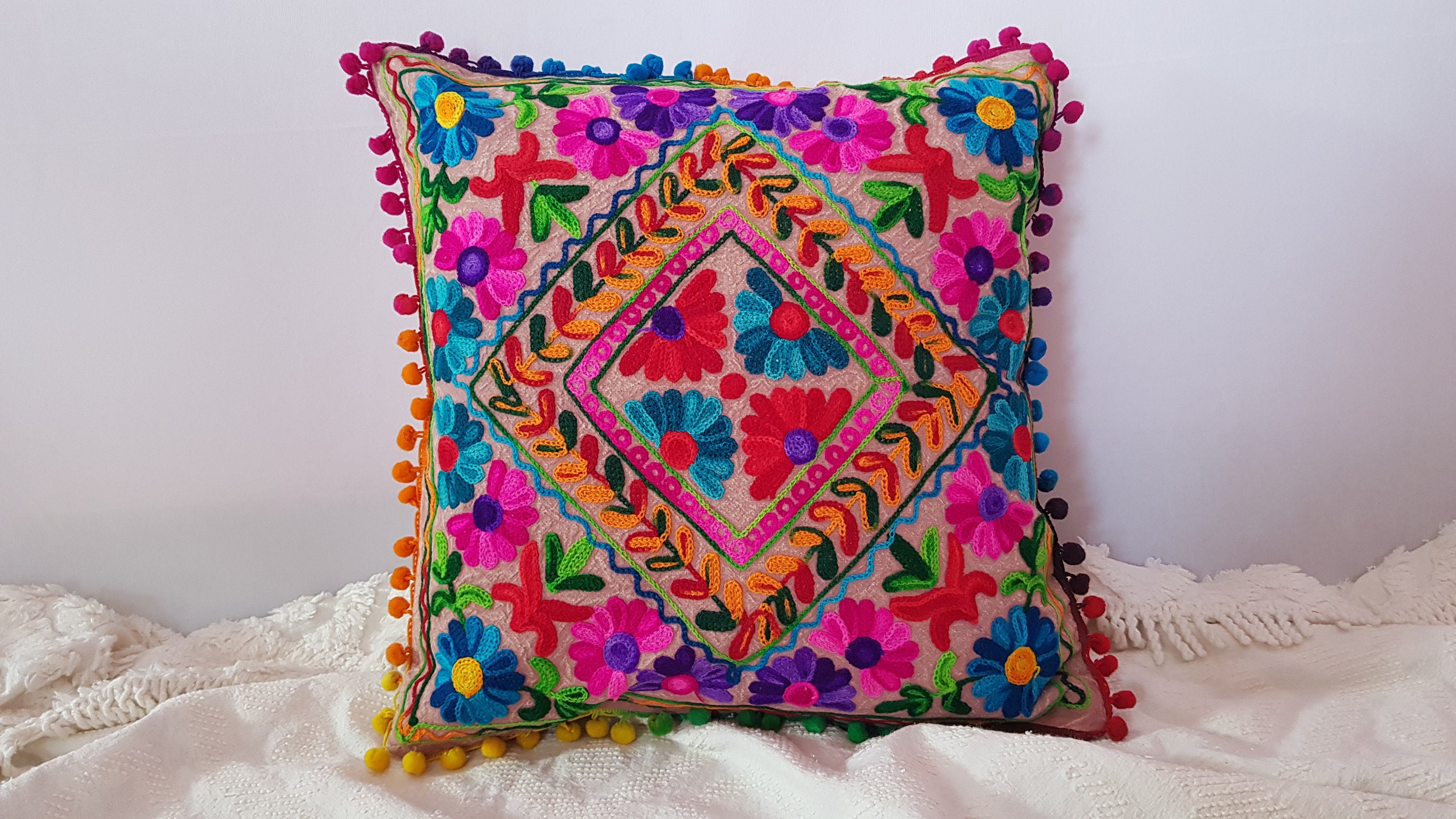 Embroidered Cushion Cover/ Decorative cushion cover/Crewel Etsy