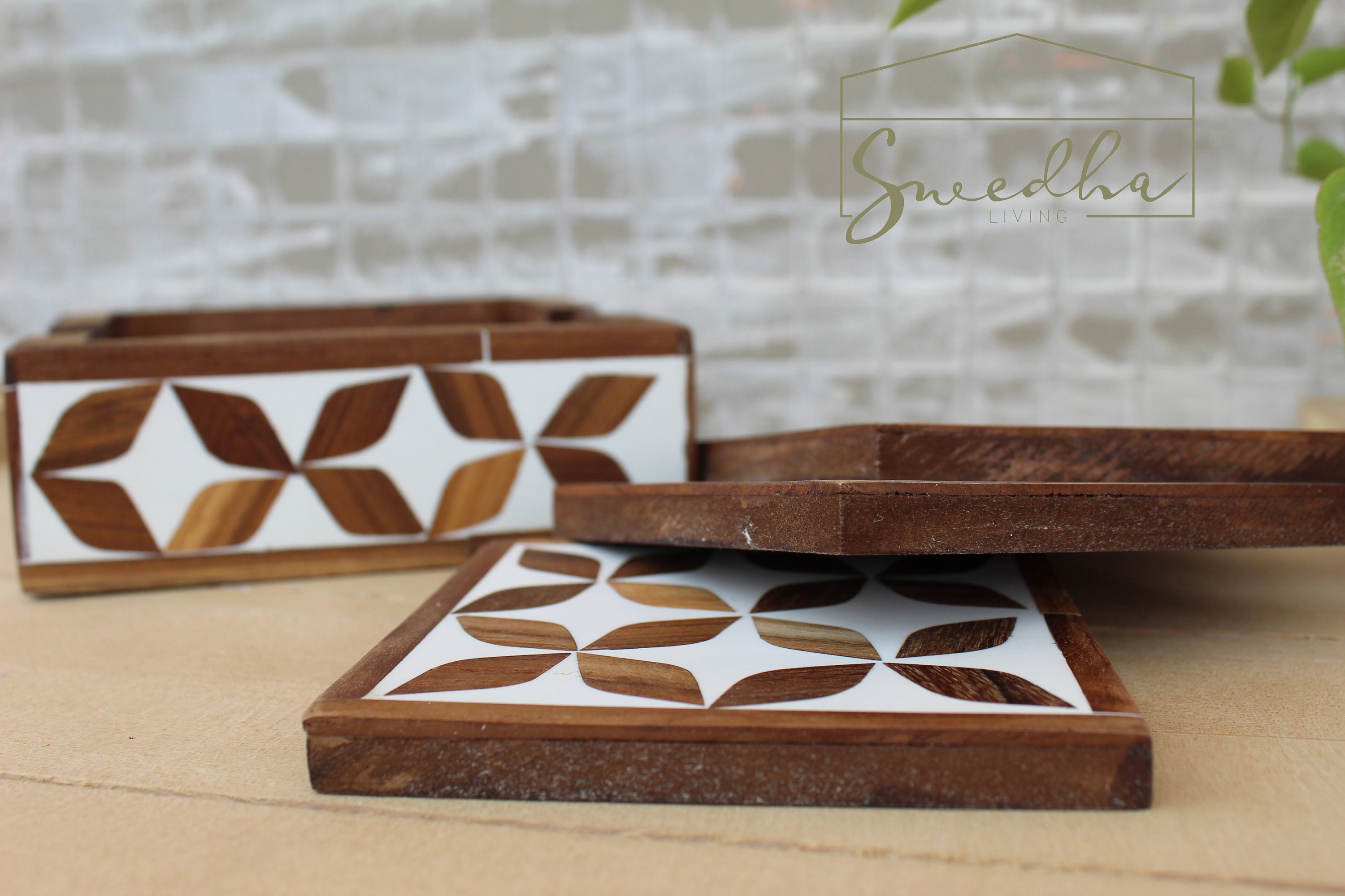 Floral Coaster Set With Holder. Wood Inlay Resin Coasters. Etsy India