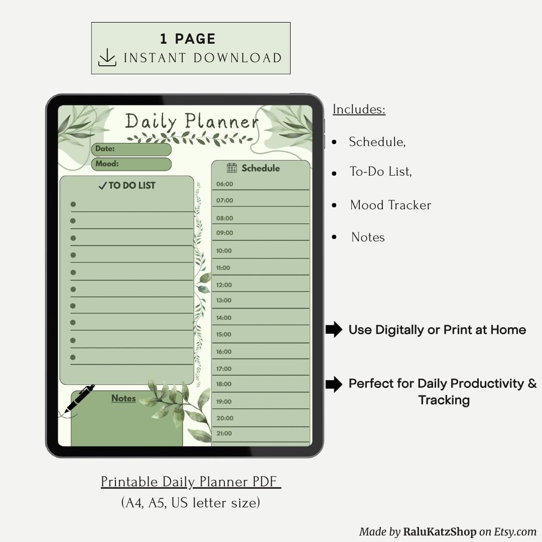Green Botanical Daily Planner Printable | Minimalist To-do List ...