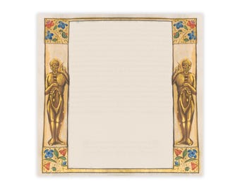 May include: An illuminated manuscript page with a cream-colored background. The page is framed by a gold border with floral and skeleton figures. The skeletons are holding a golden orb. The corners have blue, red, and yellow floral designs.