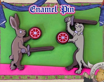 Medieval Sword Fighting Hare and Dog Enamel Pins | Rabbit vs Dog Lapel Badge | Funny History Illuminated Manuscript Marginalia