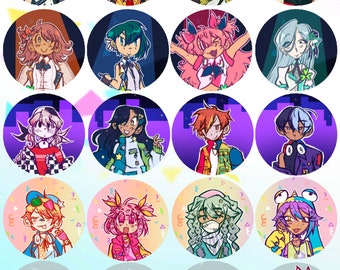 Könnte beinhalten: Eine Sammlung von zwanzig kreisförmigen Charakterporträts im Anime-Stil. Jedes Porträt zeigt ein einzigartiges Design mit unterschiedlichen Frisuren, Kleidung und Accessoires. Die Hintergründe sind farbenfroh mit geometrischen Formen und Sternen.