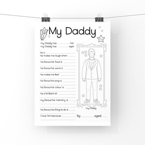 Fathers day card - all about my daddy sheet, printable father's day card insert, gift to dad from the kids, Children’s colouring download