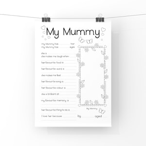 Mothers day card for Mummy - all about my mummy colouring page, colouring printable activity, personal keepsake gift for mum, birthday card