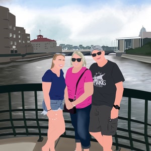 May include: Three people are standing on a bridge over a river. The person in the middle is wearing a pink shirt and sunglasses. The person on the left is wearing a blue shirt and jeans. The person on the right is wearing a black shirt with a white logo that says "New Glarus Brewing Co.", a baseball cap, and khaki shorts.