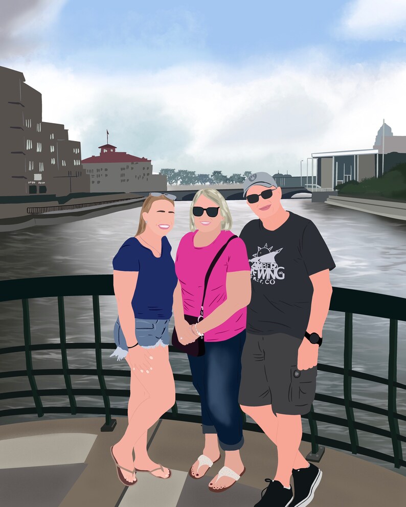 May include: Three people are standing on a bridge over a river. The person in the middle is wearing a pink shirt and sunglasses. The person on the left is wearing a blue shirt and jeans. The person on the right is wearing a black shirt with a white logo that says "New Glarus Brewing Co.", a baseball cap, and khaki shorts.