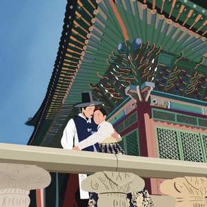 May include: A couple in traditional Korean clothing stand in front of a brightly colored building with a green roof. The man is wearing a blue and black robe with a black hat, and the woman is wearing a yellow and black robe. They are holding each other and smiling.