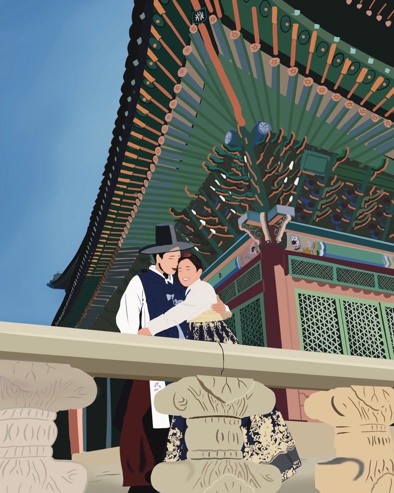 May include: A couple in traditional Korean clothing stand in front of a brightly colored building with a green roof. The man is wearing a blue and black robe with a black hat, and the woman is wearing a yellow and black robe. They are holding each other and smiling.