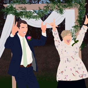 May include: A couple in wedding attire, standing under a floral archway, with their arms raised in the air, smiling and looking at each other.