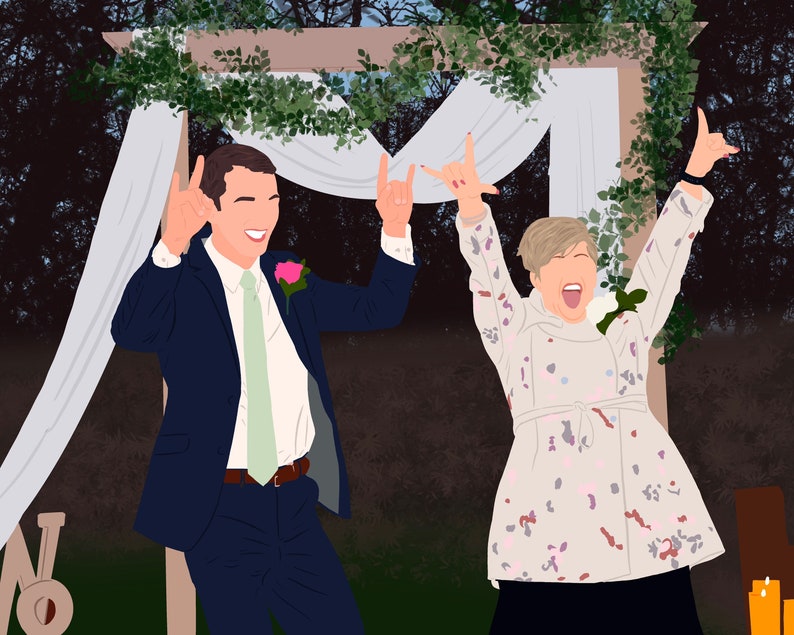 May include: A couple in wedding attire, standing under a floral archway, with their arms raised in the air, smiling and looking at each other.