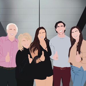 May include: A group of five people smiling and giving a thumbs up. They are standing in front of a gray wall with black accents. The people are wearing casual clothing.